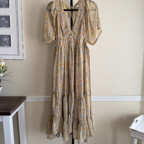 Storia Yellow Floral Prairie Dress Maxi Boho Cottage Chic Garden Wedding  Flowy